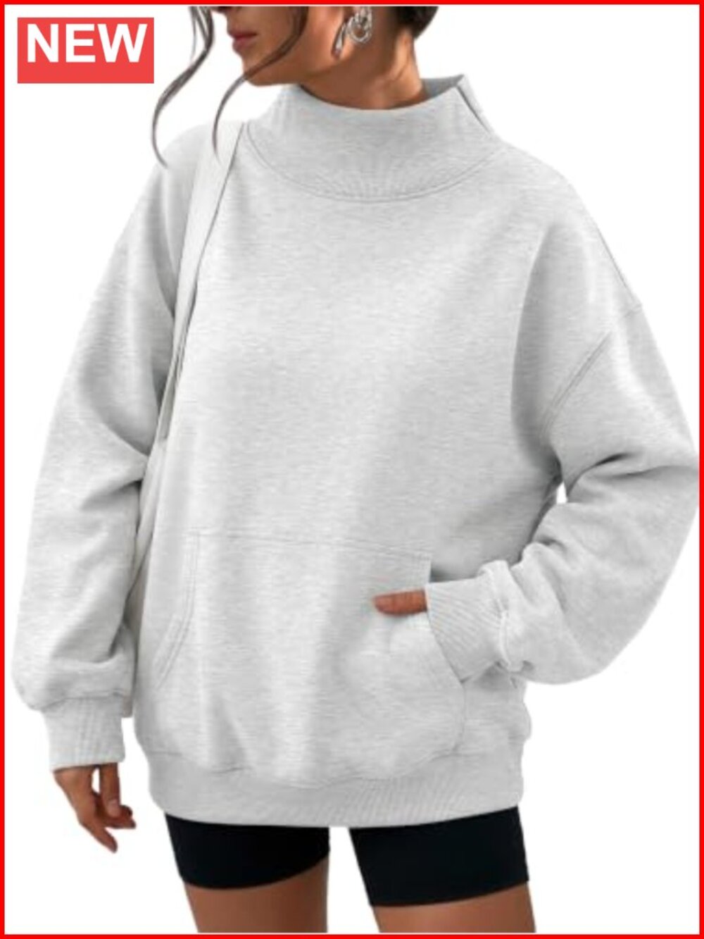 Oversized Fleece Mock Neck Sweatshirt with Kangaroo Pocket Pullover